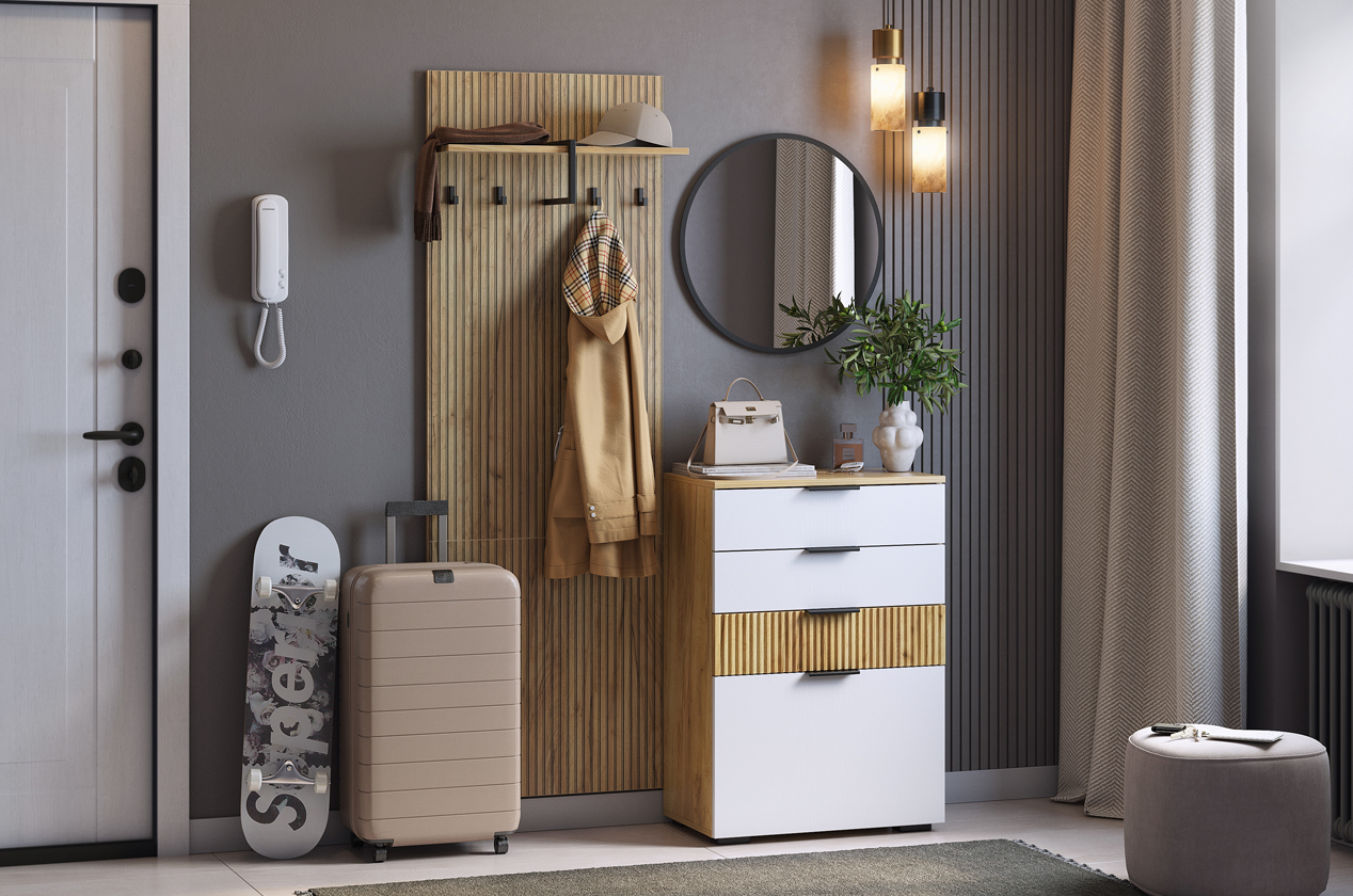 Прихожая "Мебельсон К3" (1200х353х1750) (дуб крафт золотой/белое дерево/черный)