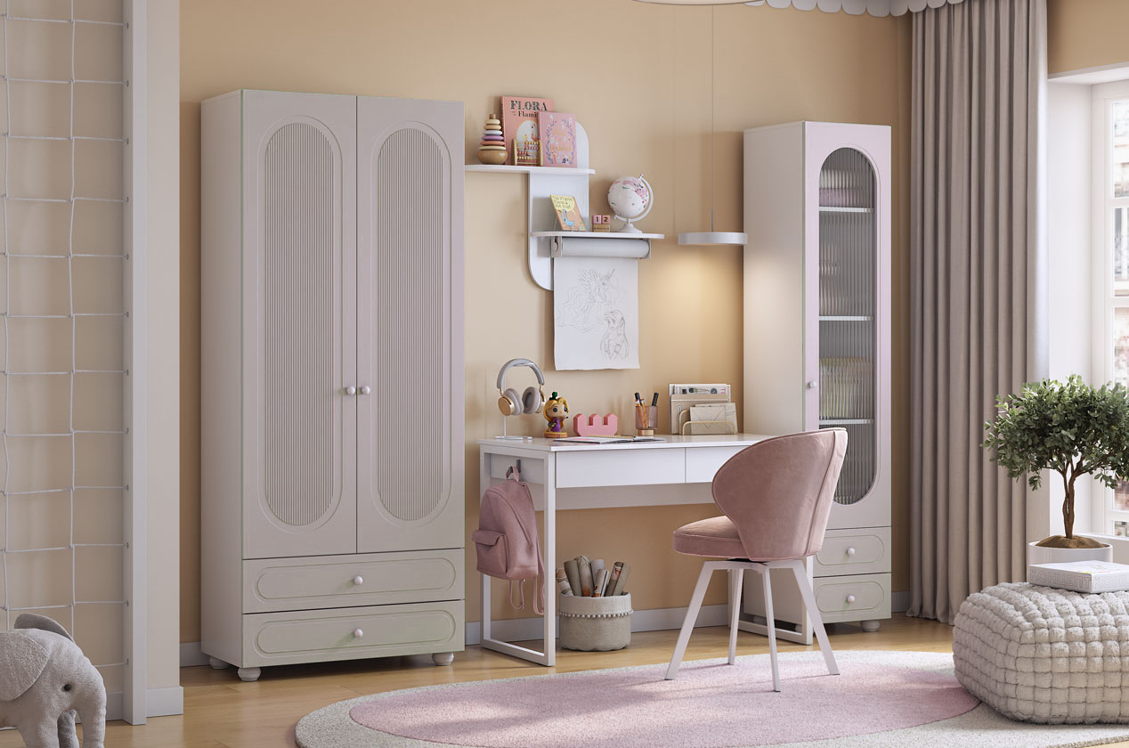 Домашний офис "Милана К3" (белое дерево/сакура/белый муар)