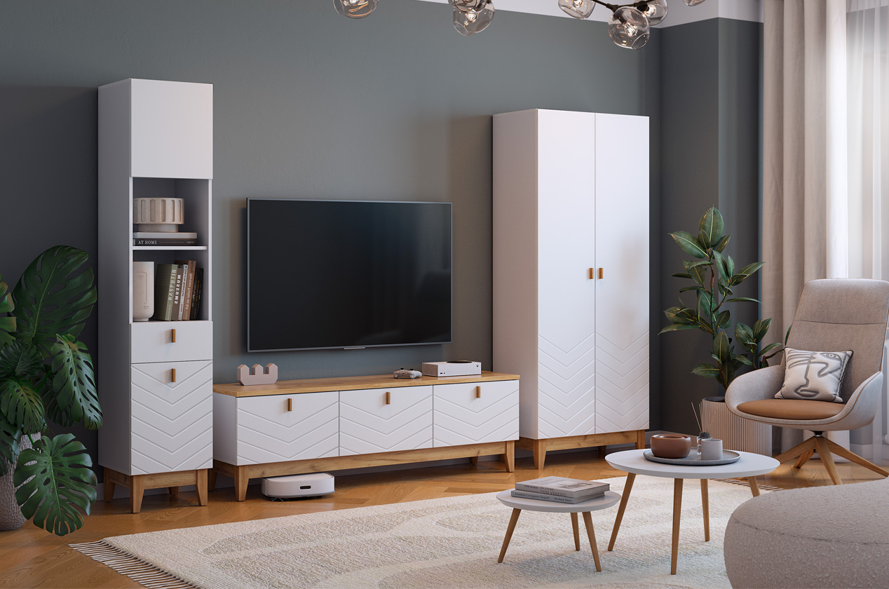 Гостиная "Хюгге К3" (3050х420х1953 мм) (белое дерево/дуб крафт золотой/белый матовый)