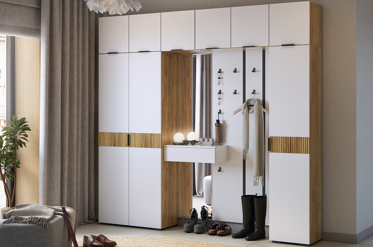 Прихожая "Мебельсон К33" (2400х350х2226) (дуб крафт золотой/белое дерево)