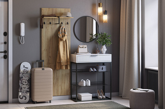 Прихожая "Мебельсон К1" (1350х334х1750) (дуб крафт золотой/белое дерево/черный муар/черный)