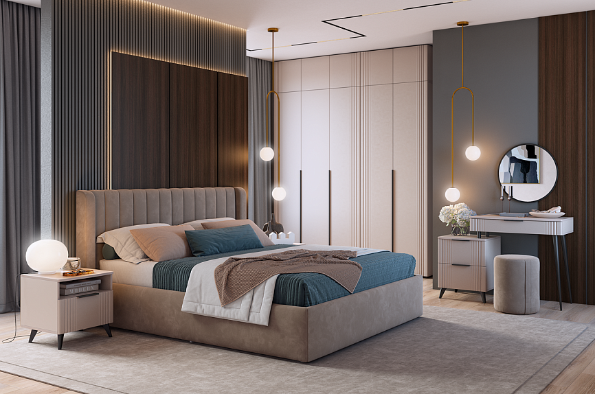 Спальный гарнитур "Катрин К1" (кашемир/фрапучино матовый/капучино (велюр)/черный)