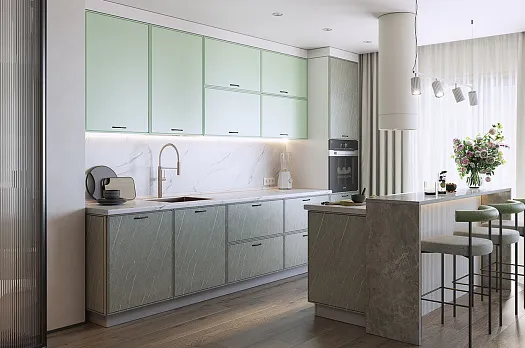 Кухонный гарнитур 4 "Монако" (ширина 342 см) (белый/ментол матовый/мрамор фицрой матовый)