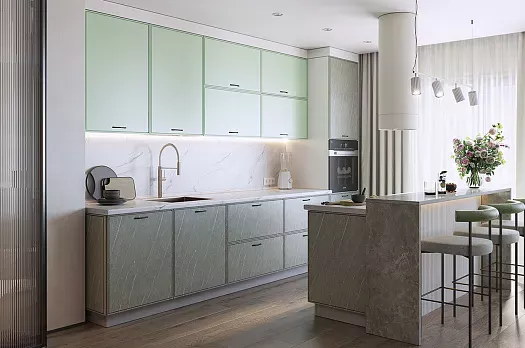 Кухонный гарнитур 4 "Монако" (ширина 342 см) (белый/ментол матовый/мрамор фицрой матовый)