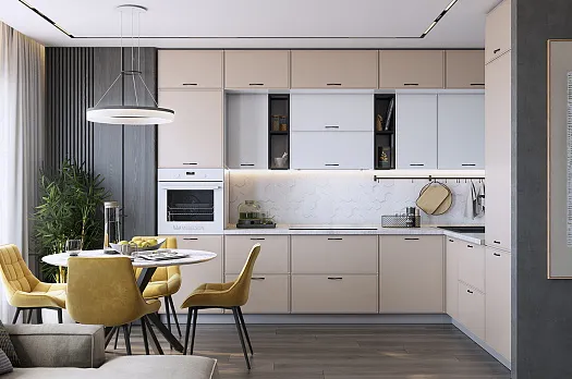 Кухонный гарнитур 6 "Монако" (ширина 320х240 см) (белый/милк матовый/фрапучино матовый)