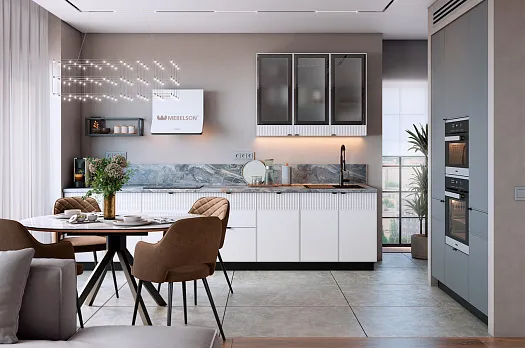 Кухонный гарнитур 2 "Бариста" (ширина 380х200 см) (белый/милк матовый/графит матовый)