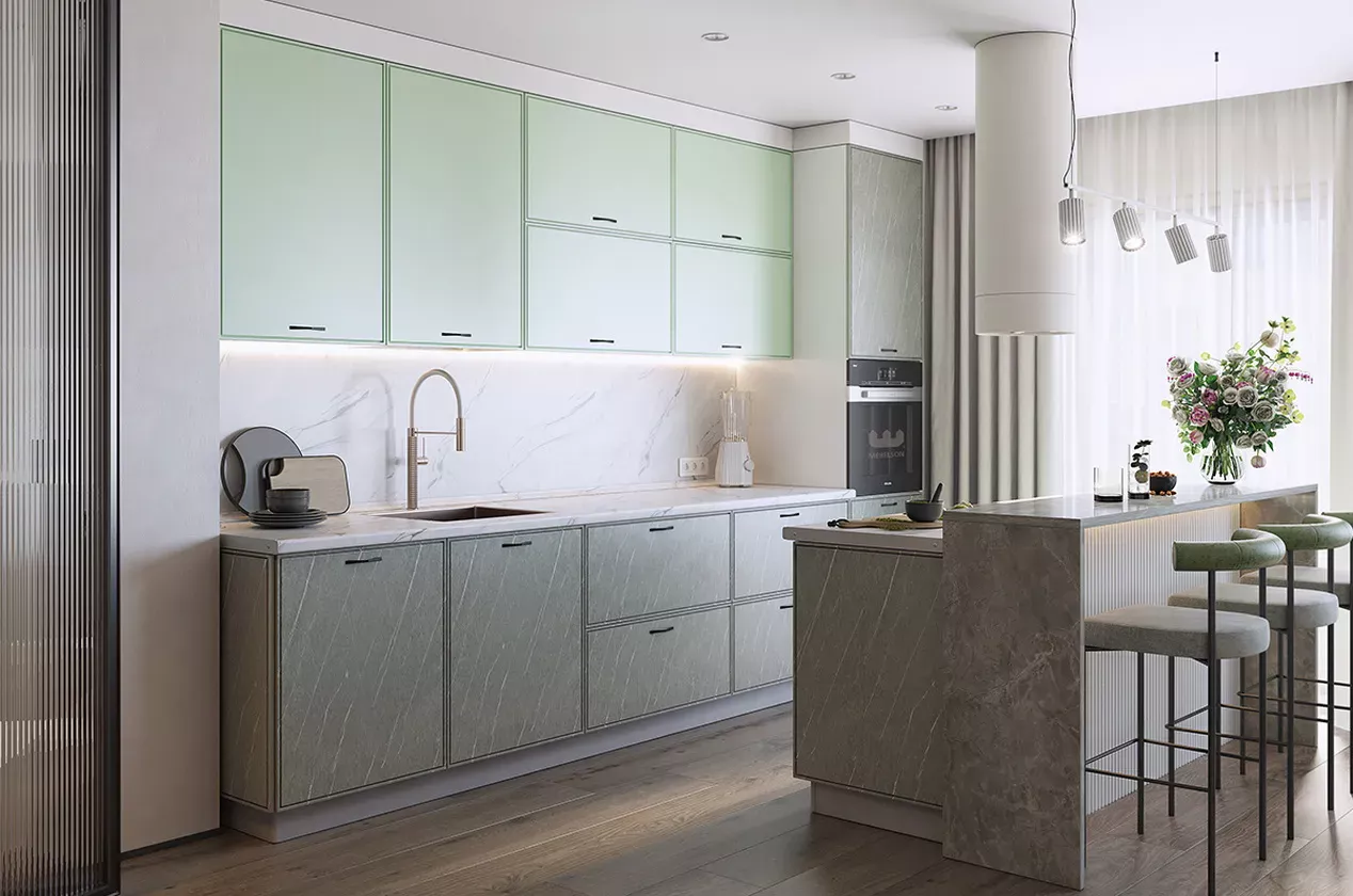 Кухонный гарнитур 4 "Монако" (ширина 342 см) (белый/ментол матовый/мрамор фицрой матовый)