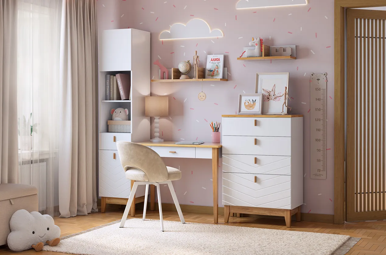 Набор детской мебели "Хюгге К3" (2100х500х1953 мм) (белое дерево/дуб крафт золотой/белый матовый)